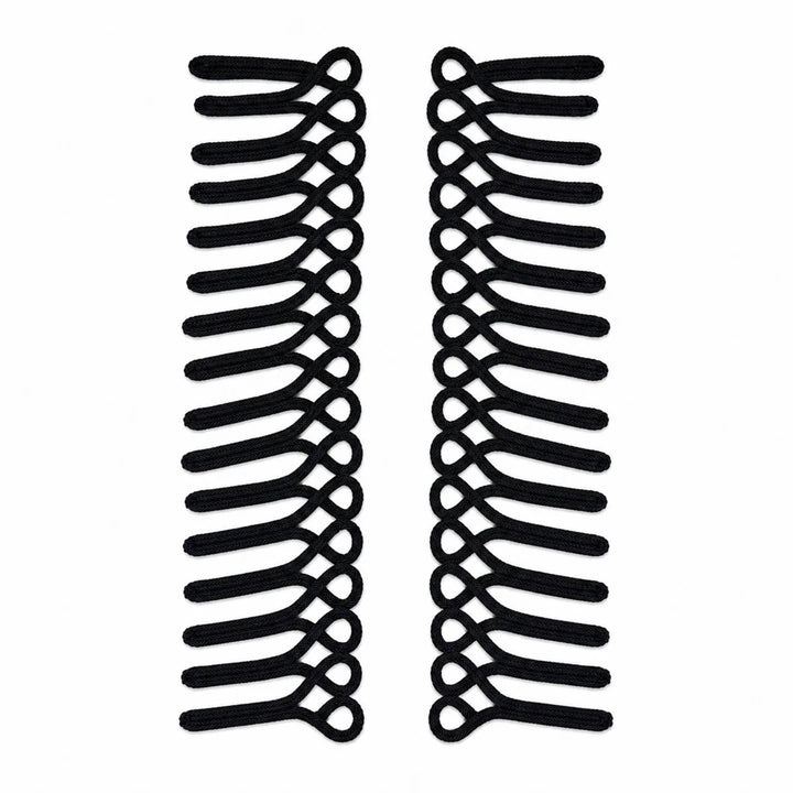 Black frog closure braid loop sew-on patch pair on white background