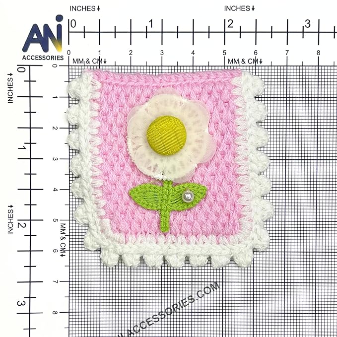 Pink Flower with Green Leaves Crochet Sew Patch With Shield