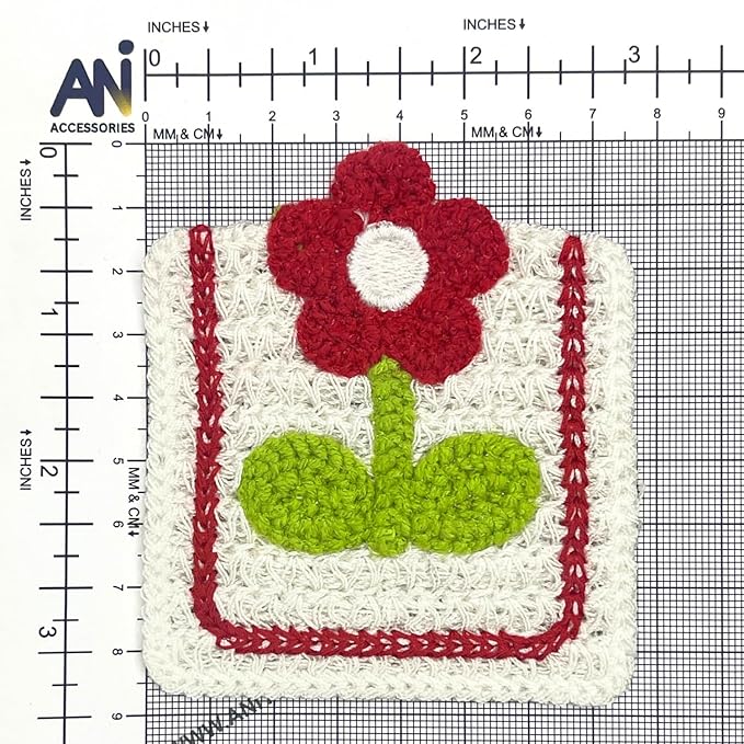 Pink Floral Patch with Green Leaves Sew On Applique Crochet Patch