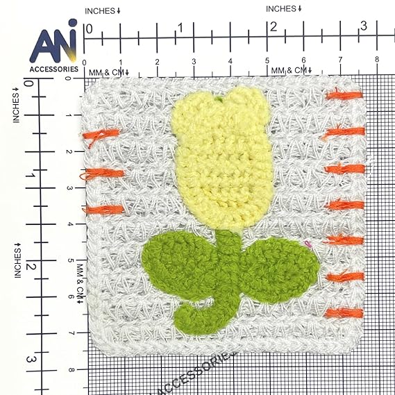 Crochet Yellow Tulip Flower with Leaves Sew On Applique Crochet Patches