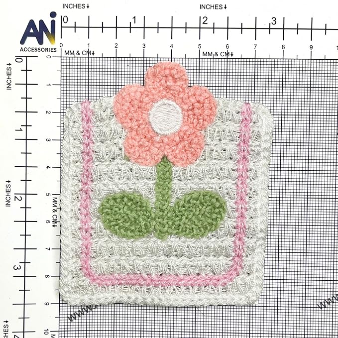 Pink Floral Patch with Green Leaves Sew On Applique Crochet Patch