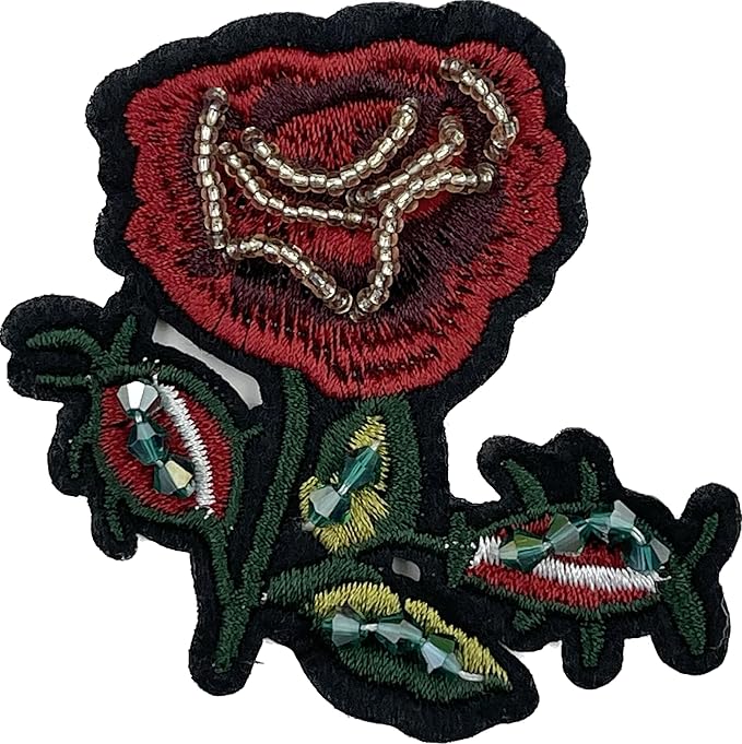 Beaded Red Rose Sew Patch