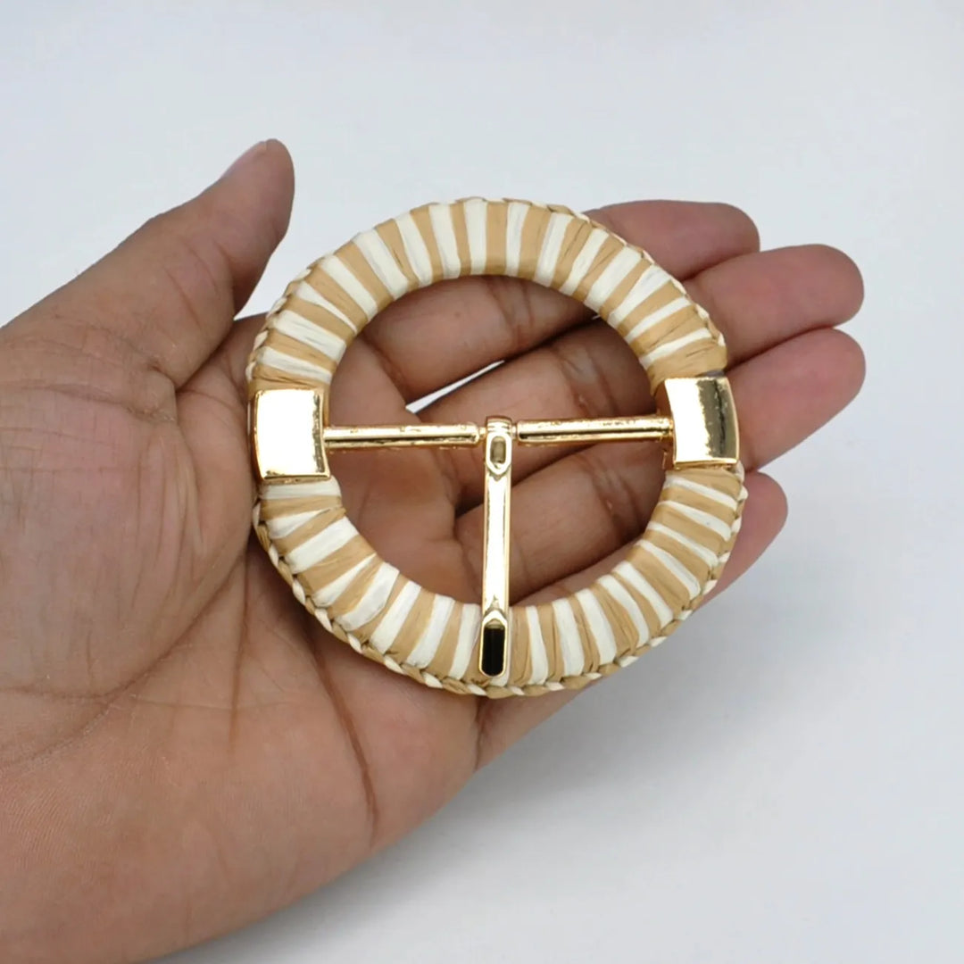 Handwoven Straw Round Buckle with Metal Pin
