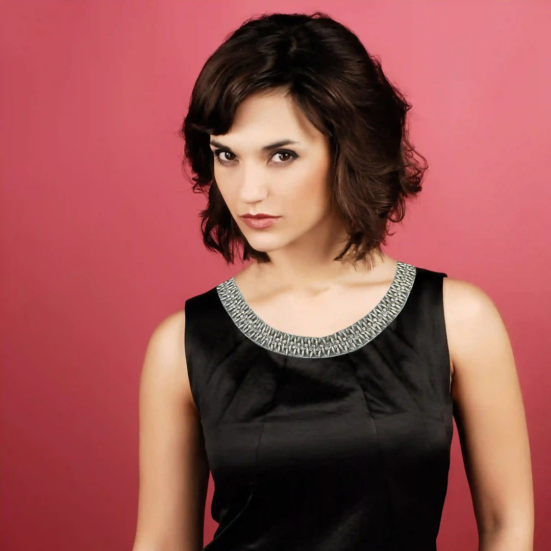 Textured Silver Beaded Round Neckline