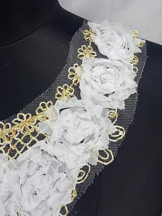 Embroidered Rose Flower Golden Work Neckline, Dyeable Sewing Neck Applique, Sew On Patch Neck Applique Dress Motif Applique