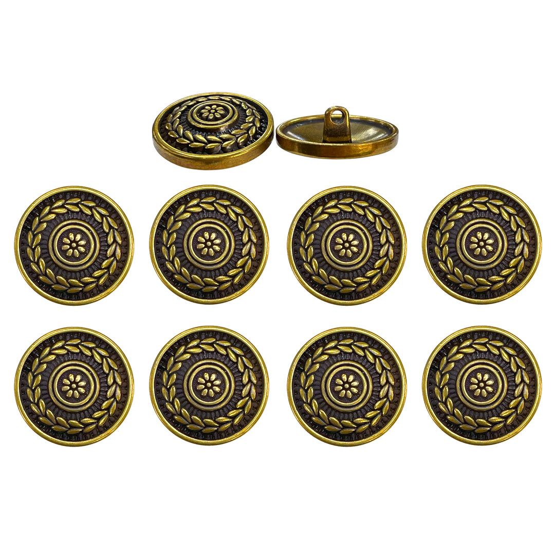 Round Elegant Antique Brass Metal Shank Button (Pack of 8 Buttons)