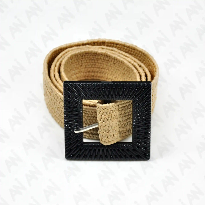 Square Black Textured Buckle Raffia Belt