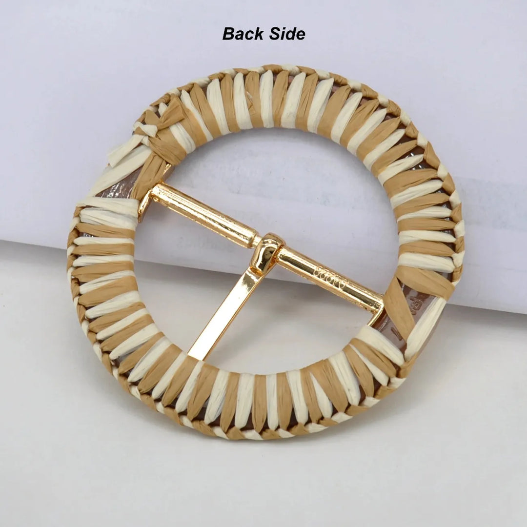 Handwoven Straw Round Buckle with Metal Pin