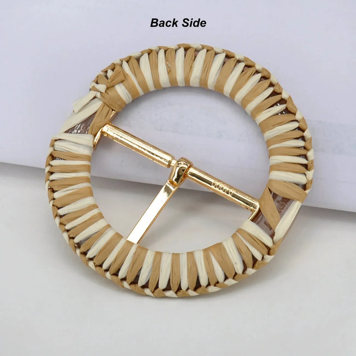 Handwoven Straw Round Buckle with Metal Pin