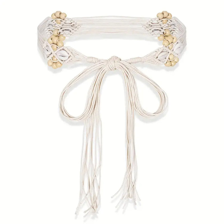 Wooden Bead white Tassel Macrame belt