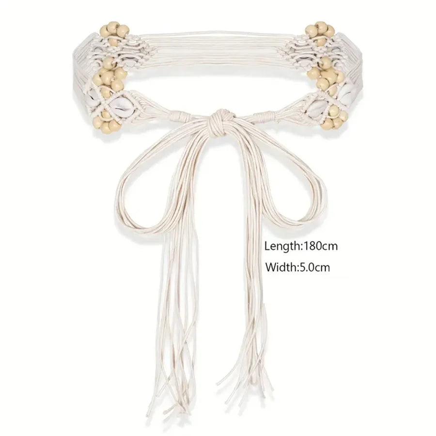 Wooden Bead white Tassel Macrame belt