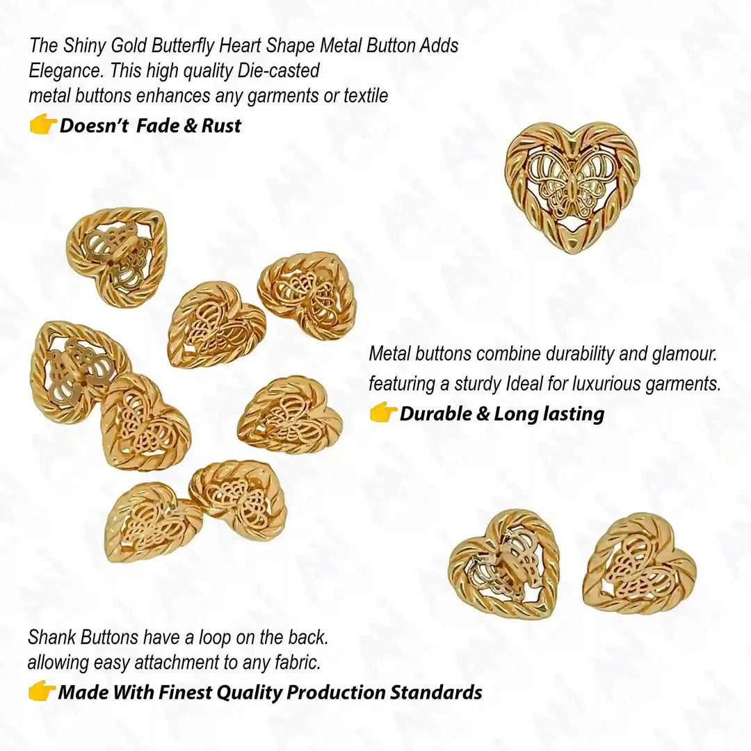 Butterfly Heart Shape Metal Shirt Buttons