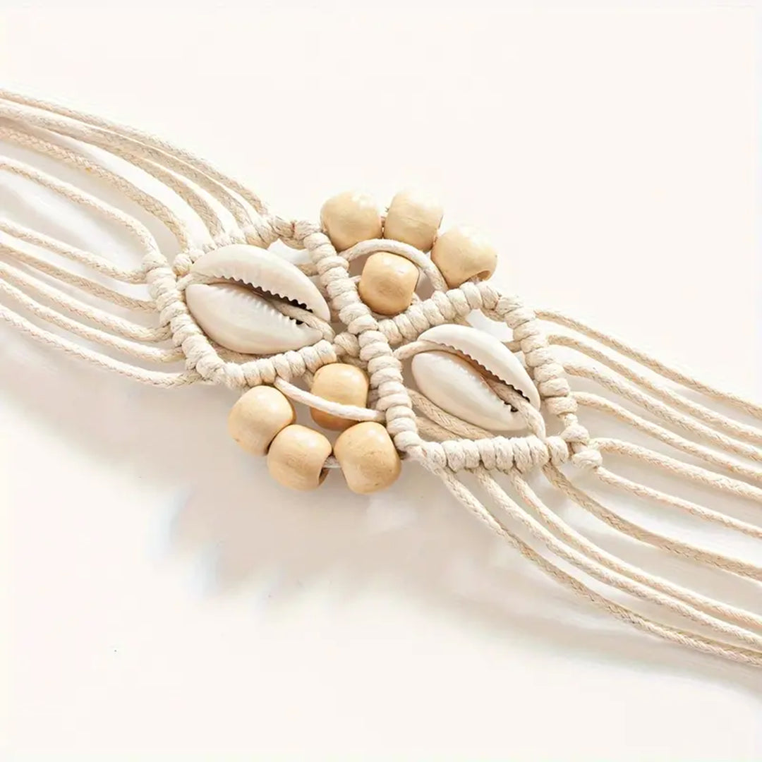 Wooden Bead white Tassel Macrame belt