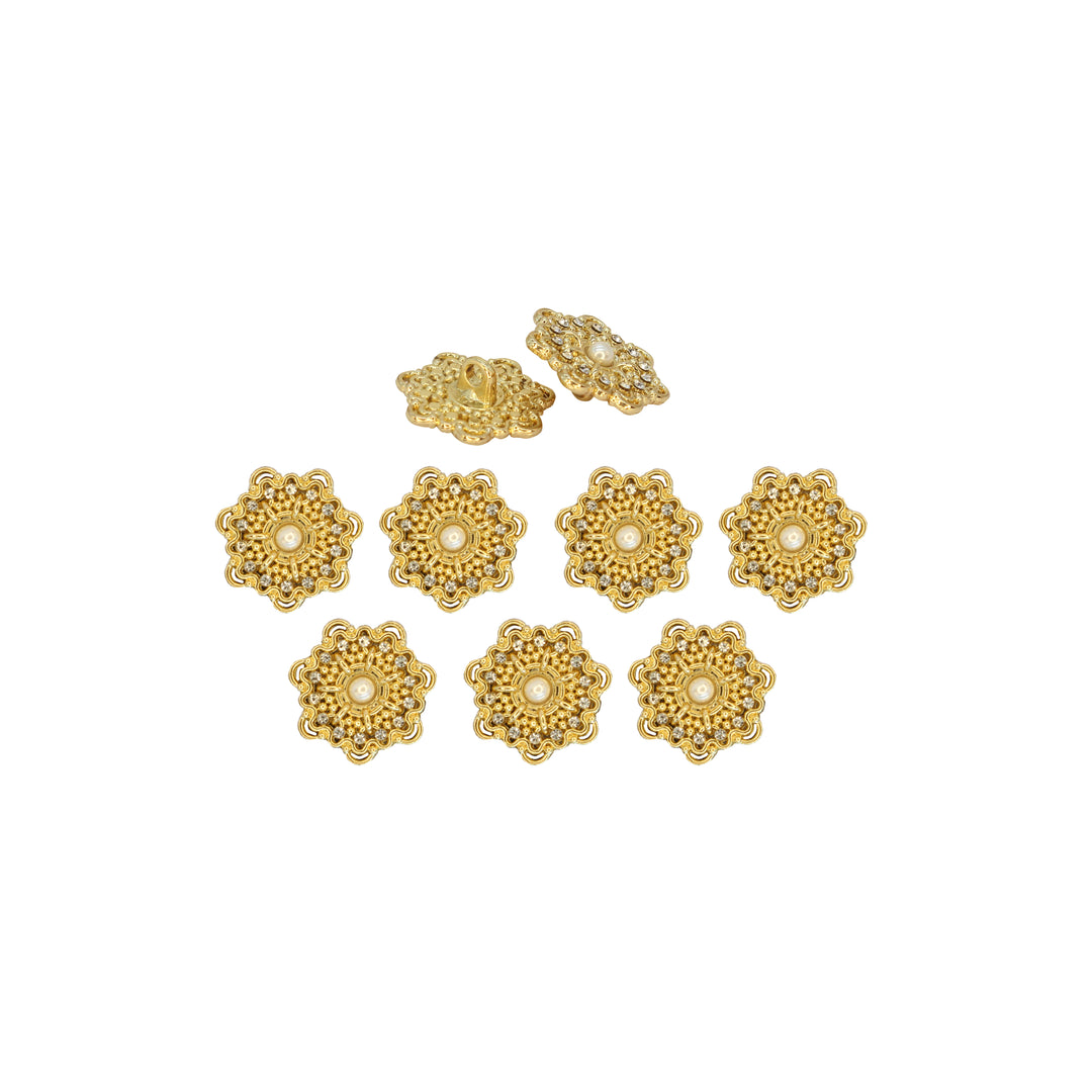 Gold Floral Metal Button with Diamond and Pearl Accents