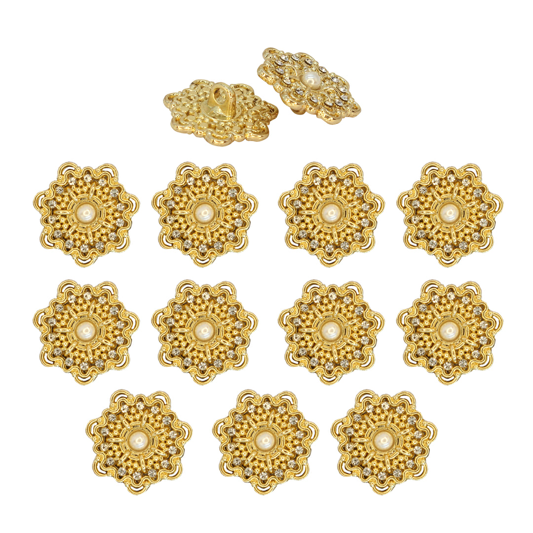 Gold Floral Metal Button with Diamond and Pearl Accents