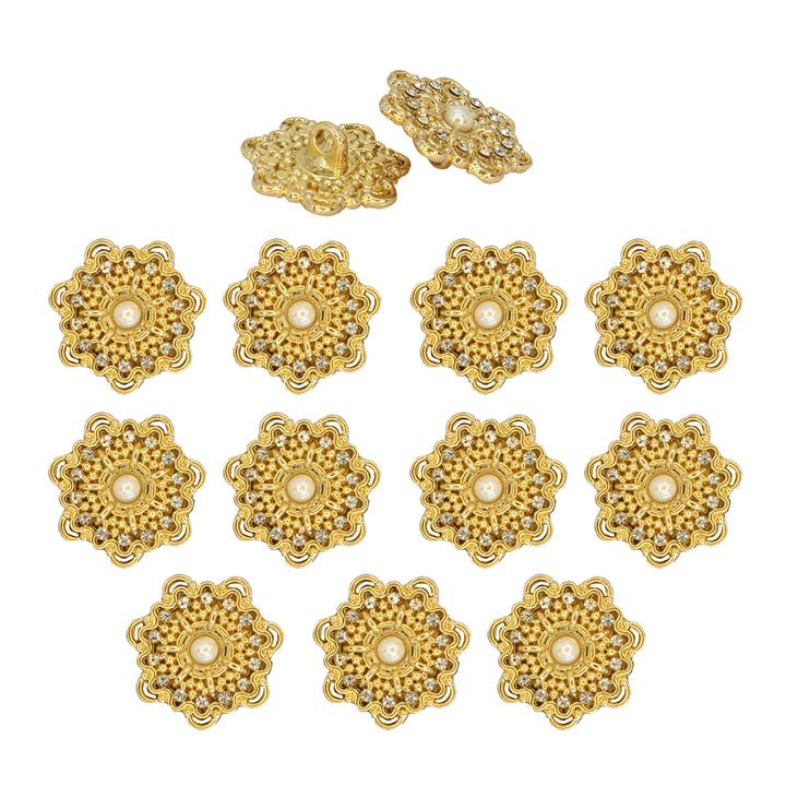 Gold Floral Metal Button with Diamond and Pearl Accents