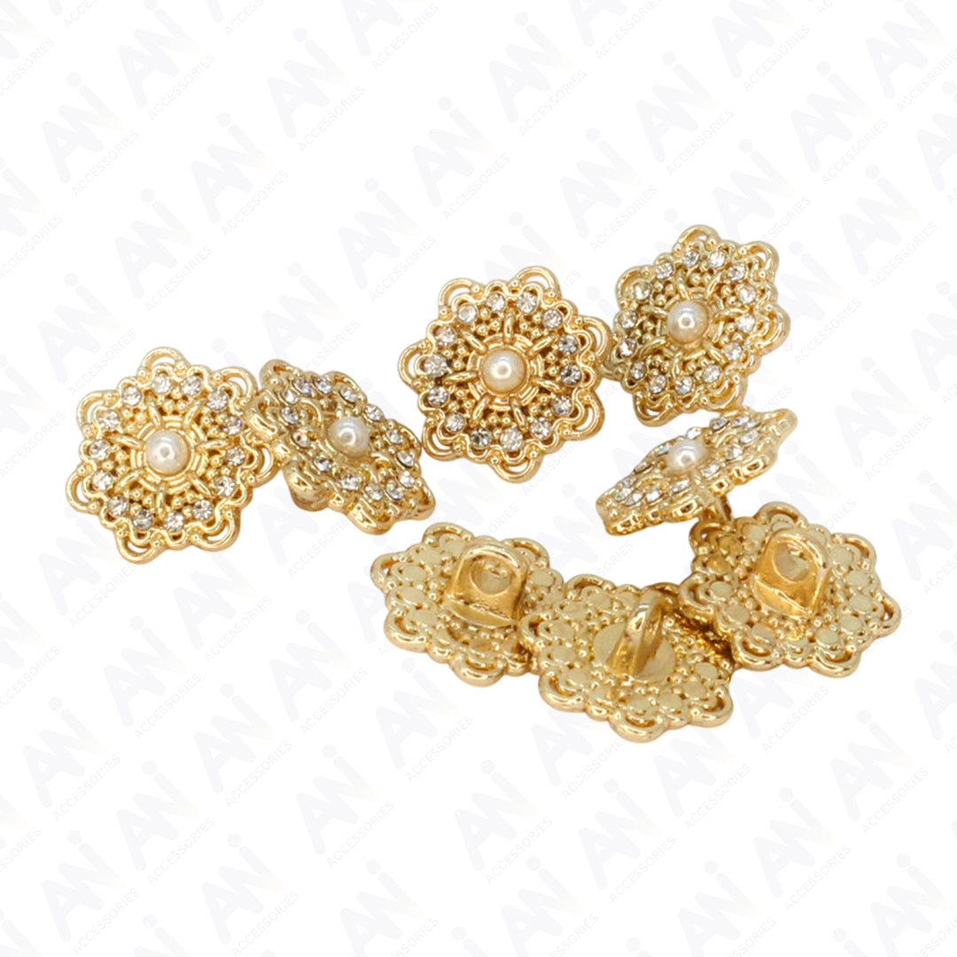 Gold Floral Metal Button with Diamond and Pearl Accents