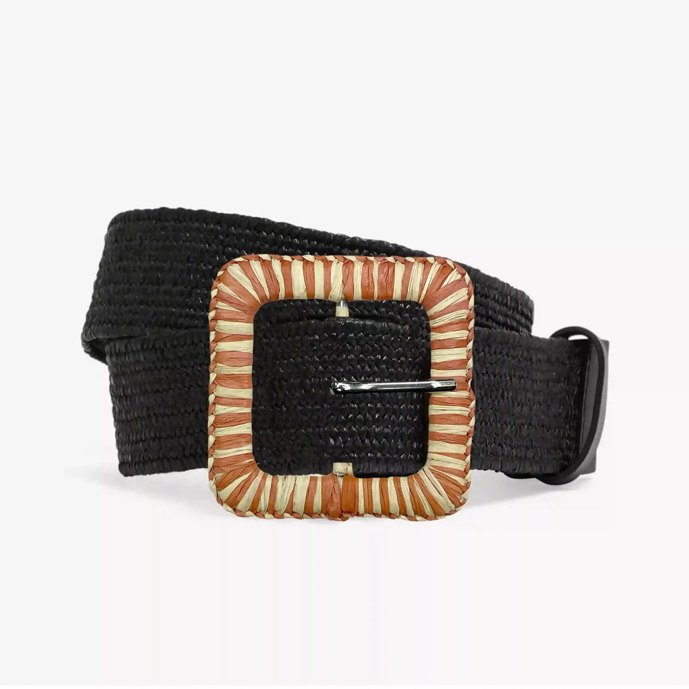 Ani Accessories Beige & Rust Orange Dual Tone Square Raffia Buckle with prong on a black belt in a white background