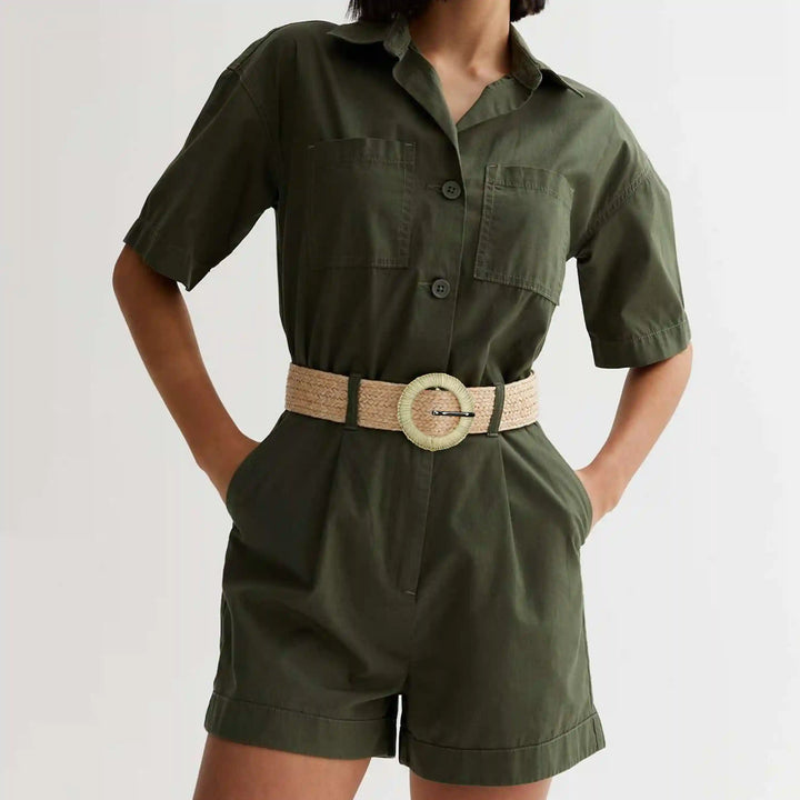Ani Accessories Beige braided buckle with belt wearing by model on a olive green short jumpsuit in a white  background.