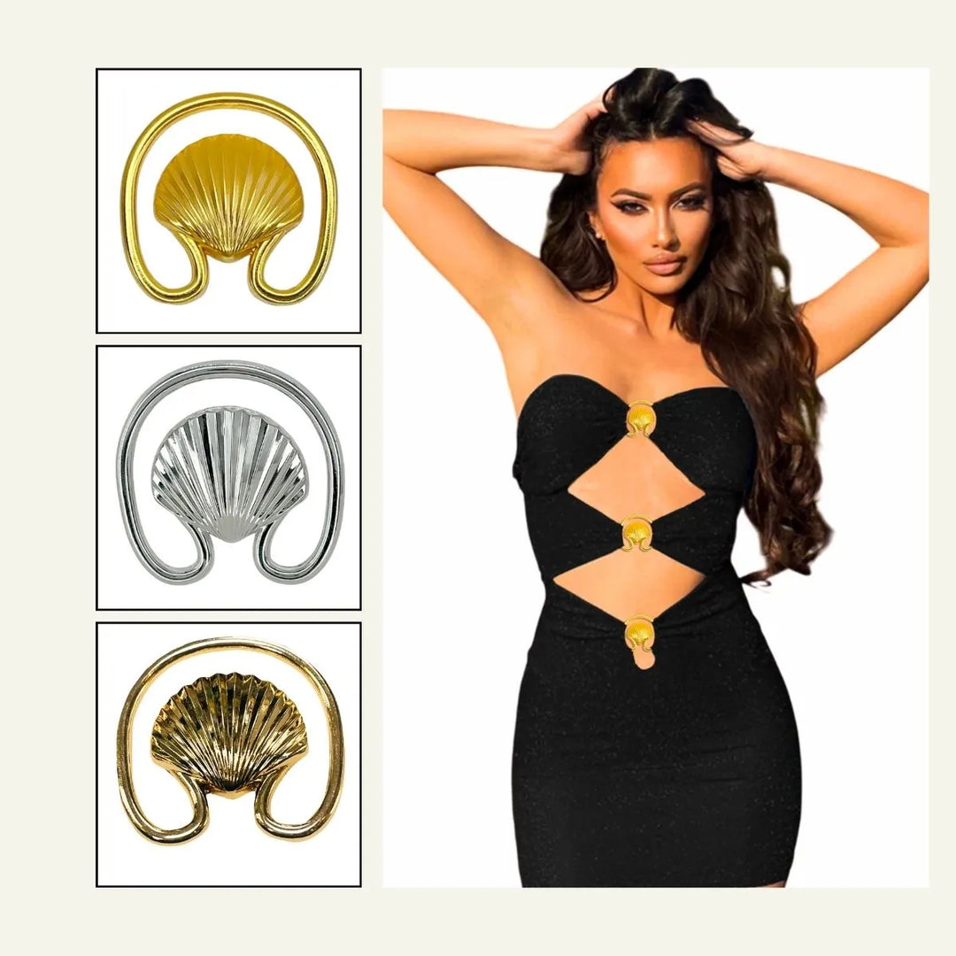  Ani Accessories Clam Seashell gold Metal Buckle  on the model black dress in the white background with showing all three color of the buckle together.