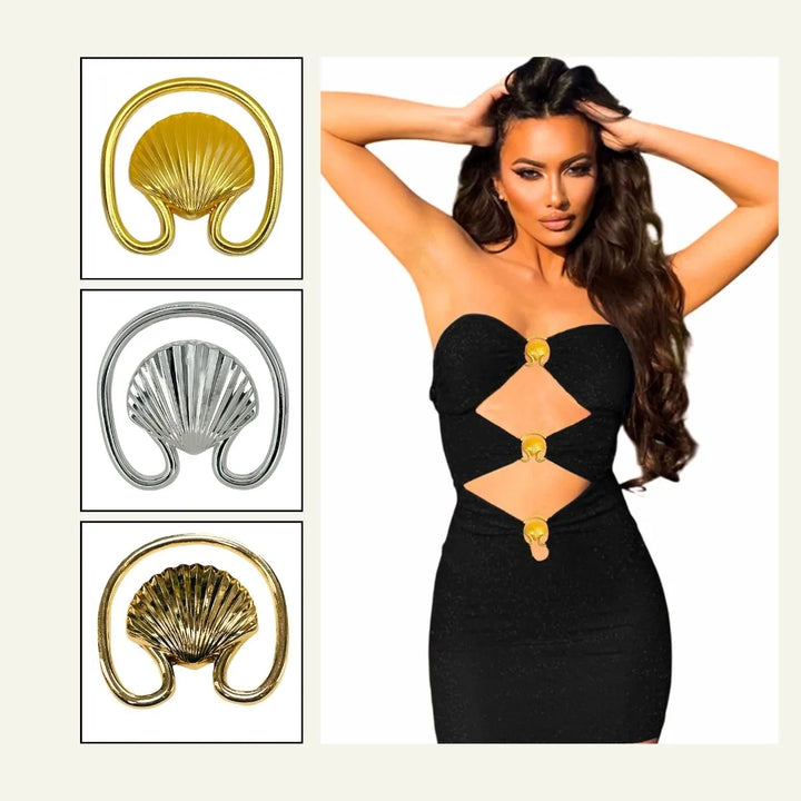  Ani Accessories Clam Seashell gold Metal Buckle  on the model black dress in the white background with showing all three color of the buckle together.