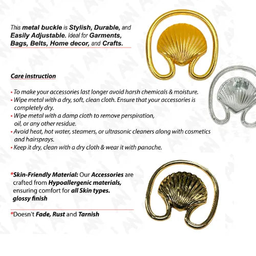  Ani Accessories Clam Seashell gold Metal Buckle with multi other color written care instruction in the white background.