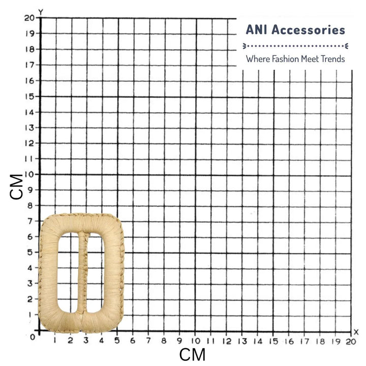 Ani Accessories Classic Fully Braided Raffia Handmade Adjustable Buckle placed on a size chart bar graph to represent the exact size of buckle
