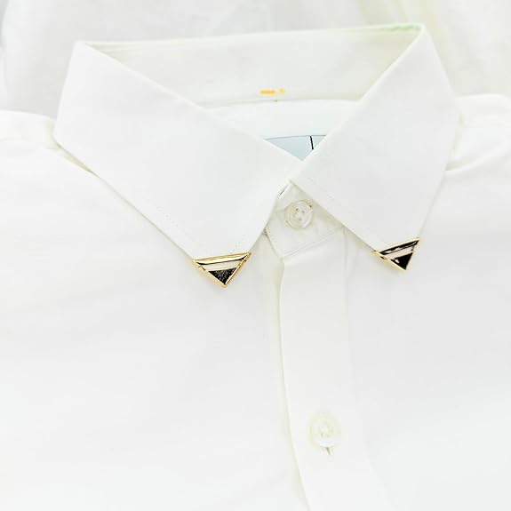  Ani Accessories |  Gold corner tip with laser cut design collar tip on whit shirt.