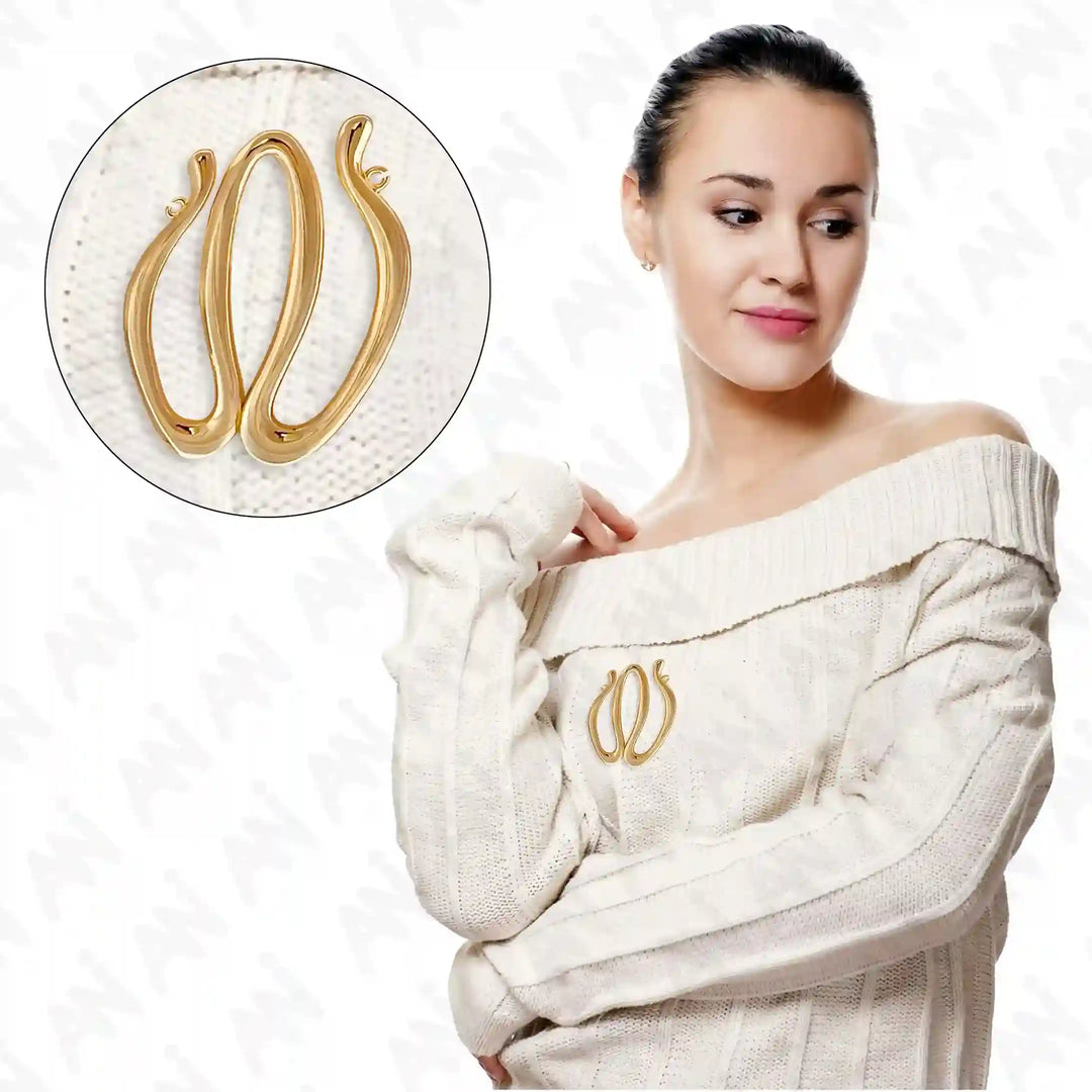 Ani Accessories Double Wave Design Metal Buckle/ Broach On the model off shoulder sweater top in the white background.