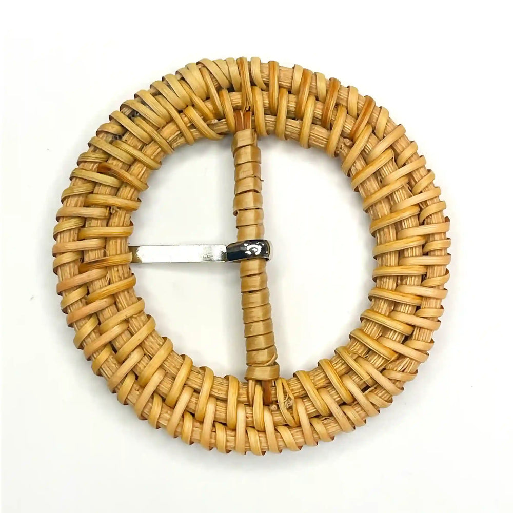 Ani Accessories Elegant Basket Knitted style Raffia Buckle with Prong  backside view  with  plain white wite background  