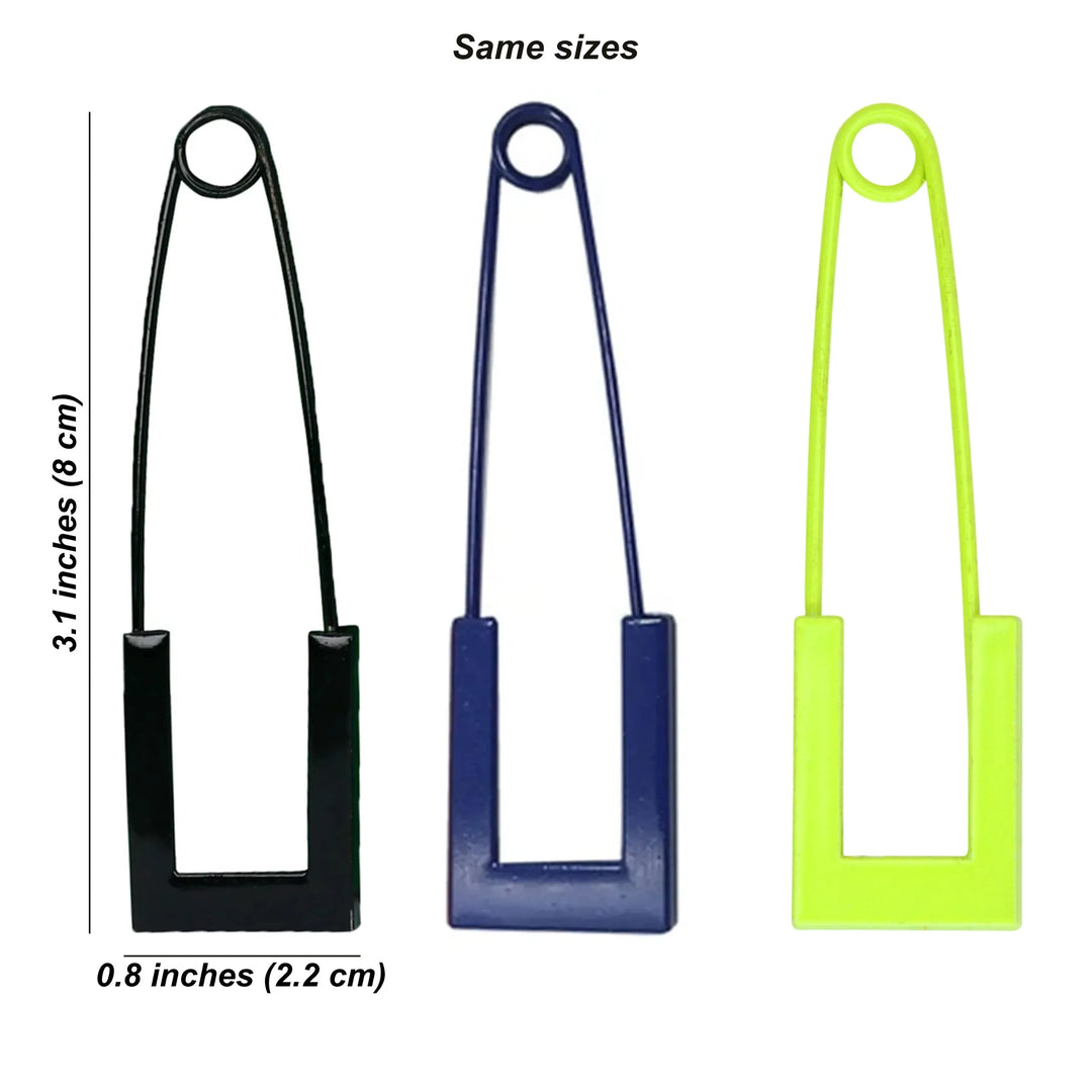 Ani Accessories three safety pins in black, blue, and neon with measurements on white background, perfect for styling.