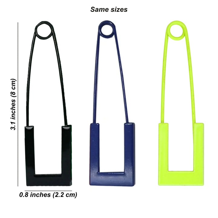 Ani Accessories three safety pins in black, blue, and neon with measurements on white background, perfect for styling.