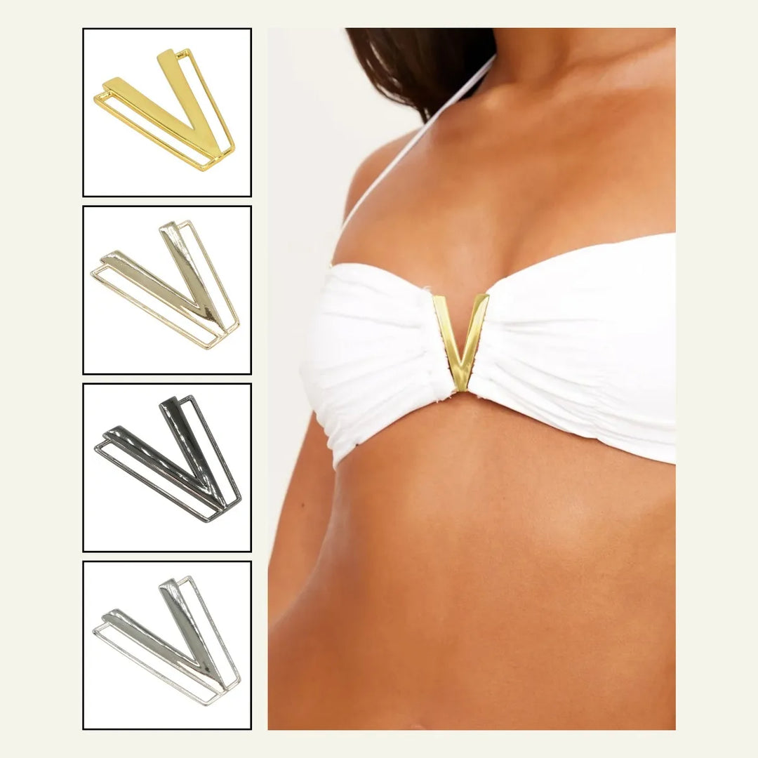 Buy Now Ani Accessories geometric V buckle 3 variations in vertical box with model wearing gold buckle on white bikini in white background