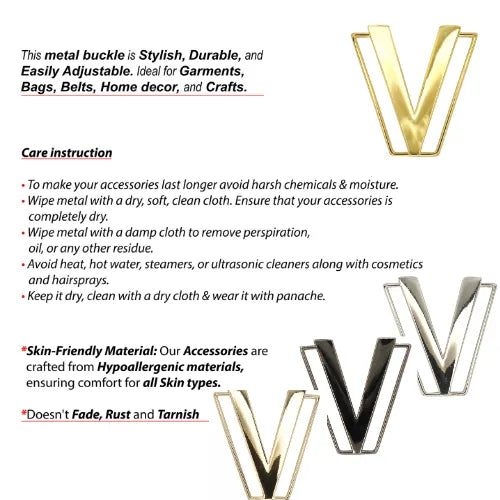 Ani Accessories Geometric V Buckle infographic with all 4 color  buckle in a white background with written care  instruction.