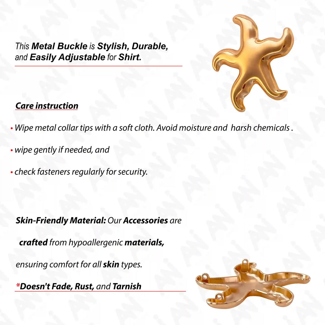 Ani Accessories Gold Starfish Metal Buckle with front and back image with care instruction of the buckle.