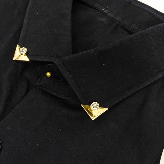 Ani Accessories | Gold triangular with crystal  collar tip on the black shirt.
