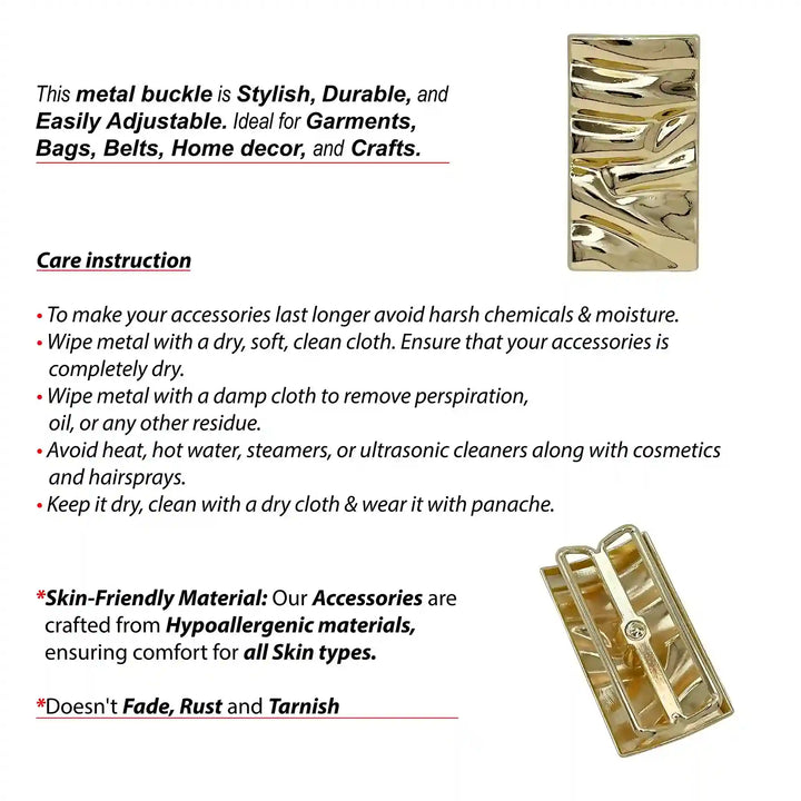Ani Accessories Gold Wavy Rippled Rectangle Buckle front and back image with written care instruction of the buckle.