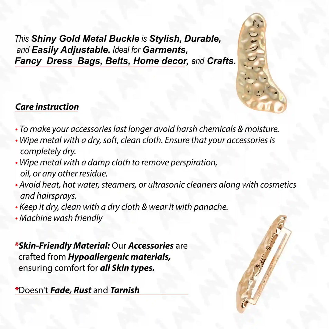 Ani Accessories Hammered Crescent Buckle front and back image with care infographic in a white background.
