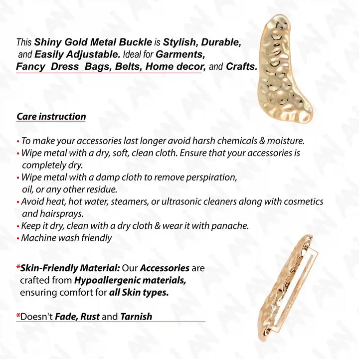 Ani Accessories Hammered Crescent Buckle front and back image with care infographic in a white background.