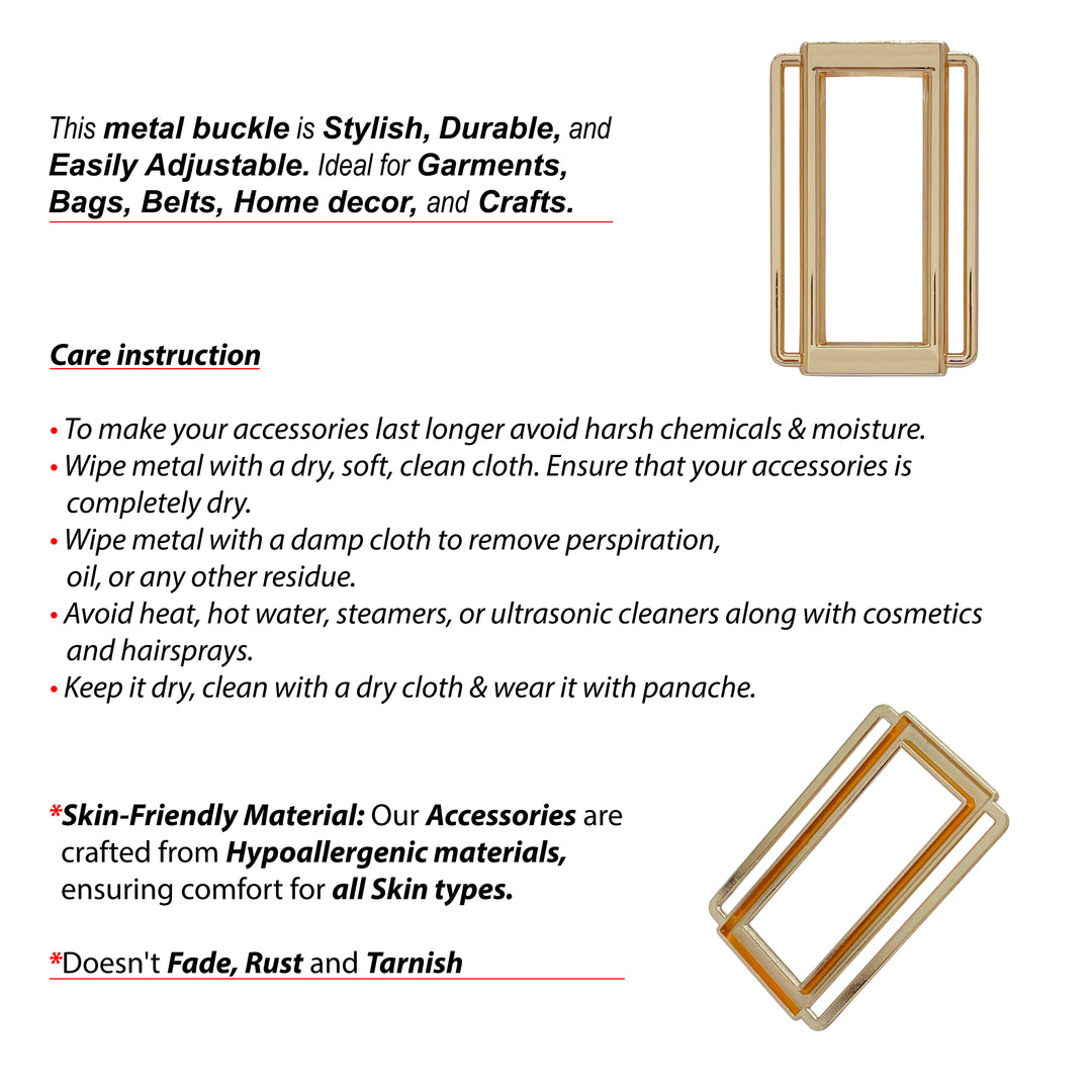Ani Accessories Metal Double Bar Buckle infographic of care instruction with front and back image of the buckle in  white background.