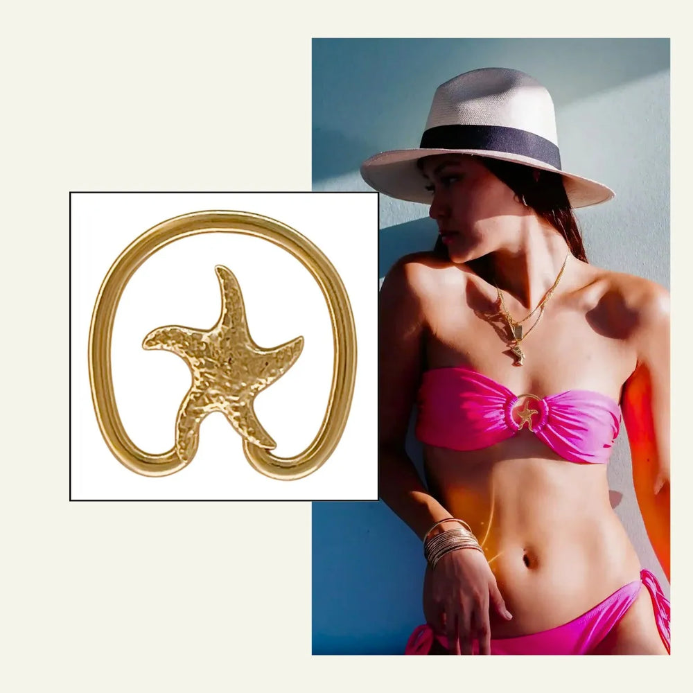 Ani Accessories Metal Starfish Gold Bikini Ring Buckle  in white small square background and with image on  pink bikini dress of the model.