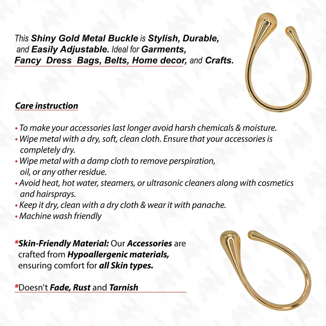 Ani Accessories Organic U-Shaped Golden Metal Buckle front and back view with care instruction on white background.