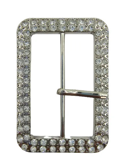 Ani Accessories Prong Silver Metal Rhinestone Studded Buckle  Front image in a white background.