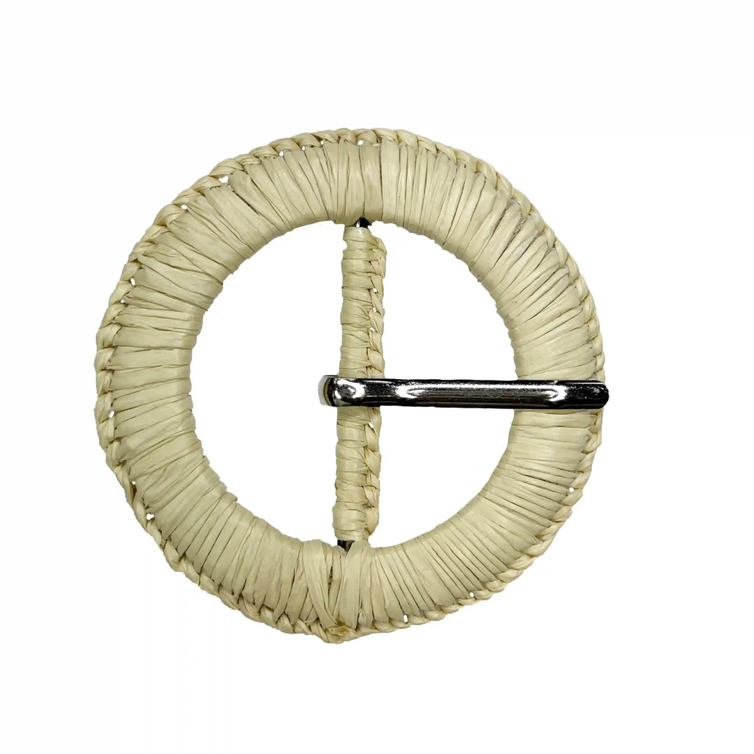 Buy now Ani Accessories Zooming image of raffia braided beige circle buckle on white background.