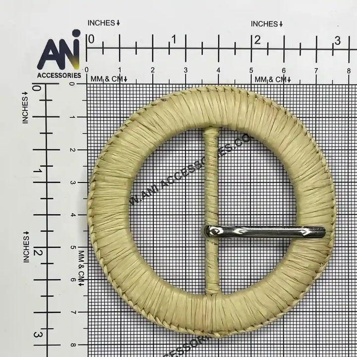 Ani Accessories Raffia braided circle buckle with prong placed on a size chart bar graph.