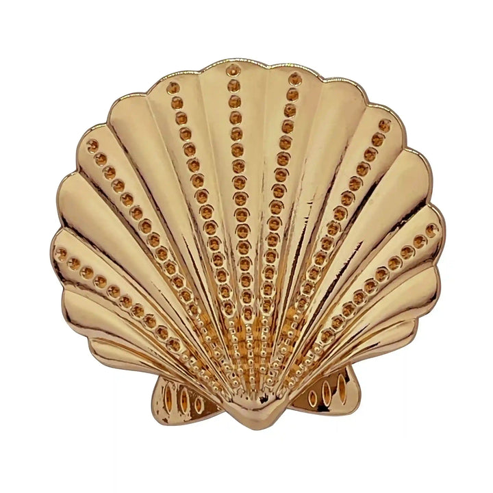 Ani Accessories Scallop Shell Metal Buckle in gold zooming on the buckle to show the details  of the buckle in the white background.