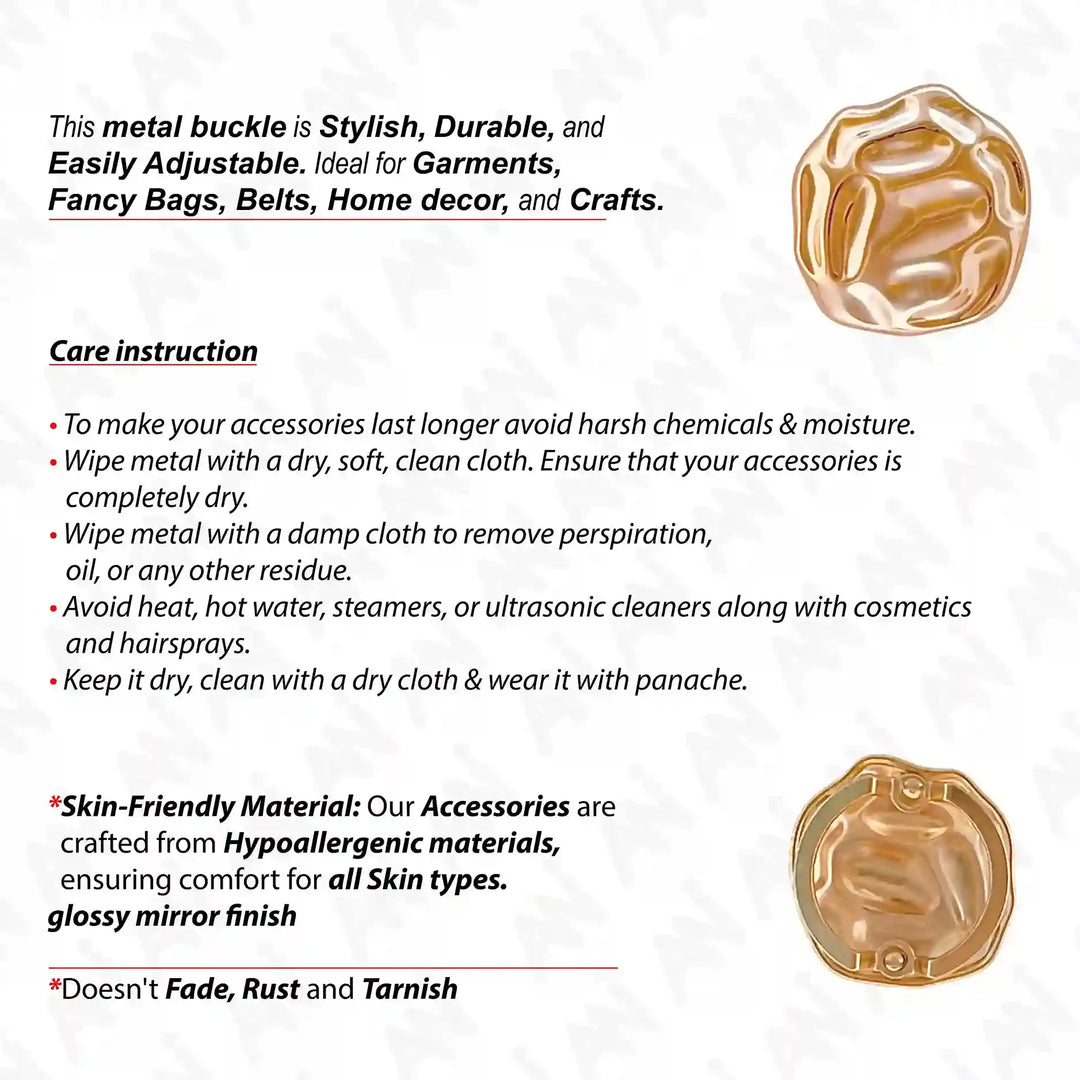 Ani Accessories Sculpted Gold Nugget Style Buckle front and back image with care instruction text of the buckle