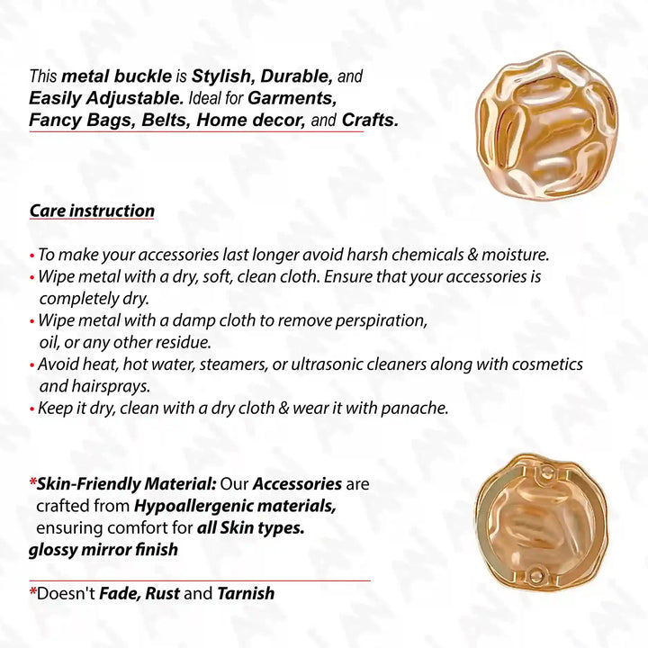 Ani Accessories Sculpted Gold Nugget Style Buckle front and back image with care instruction text of the buckle
