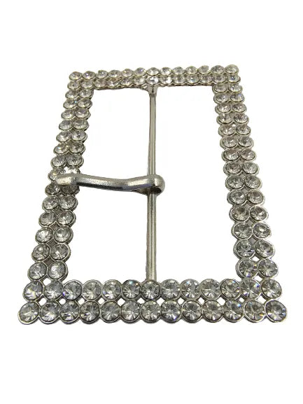 Ani Accessories Shiny Rhinestone Prong Silver Metal Buckle  Flat angle view in a white background.