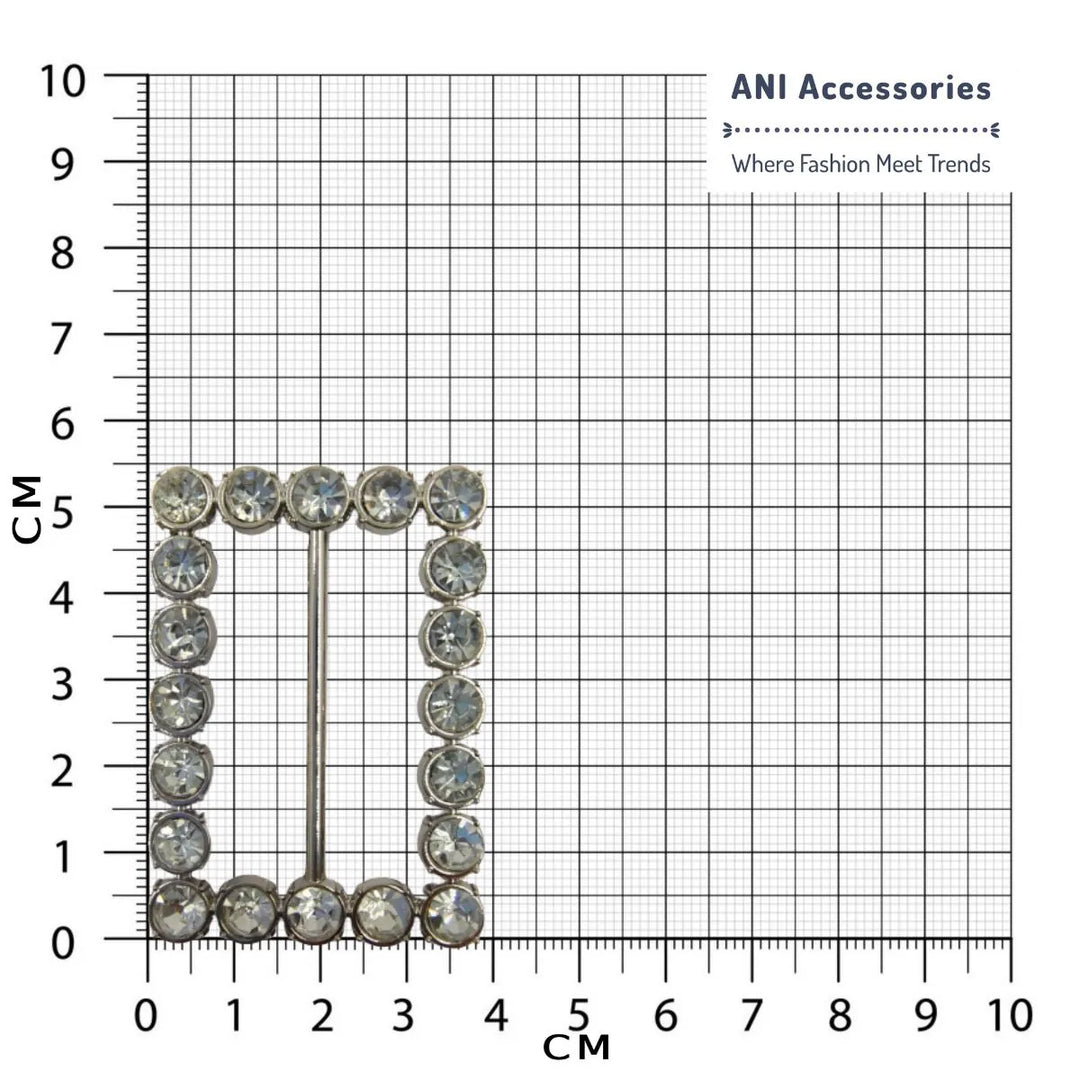 Ani Accessories Shiny Silver Buckle With Rhinestone Placed on a size chart bar graph to show the exact size of the product.